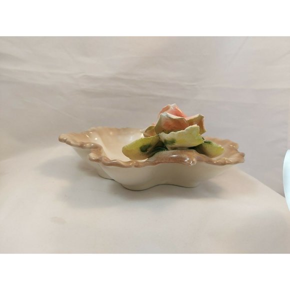 Vintage Porcelain Leaf Shape Dish w/Applied Rose Capodimonte Style 8" - Picture 6 of 10